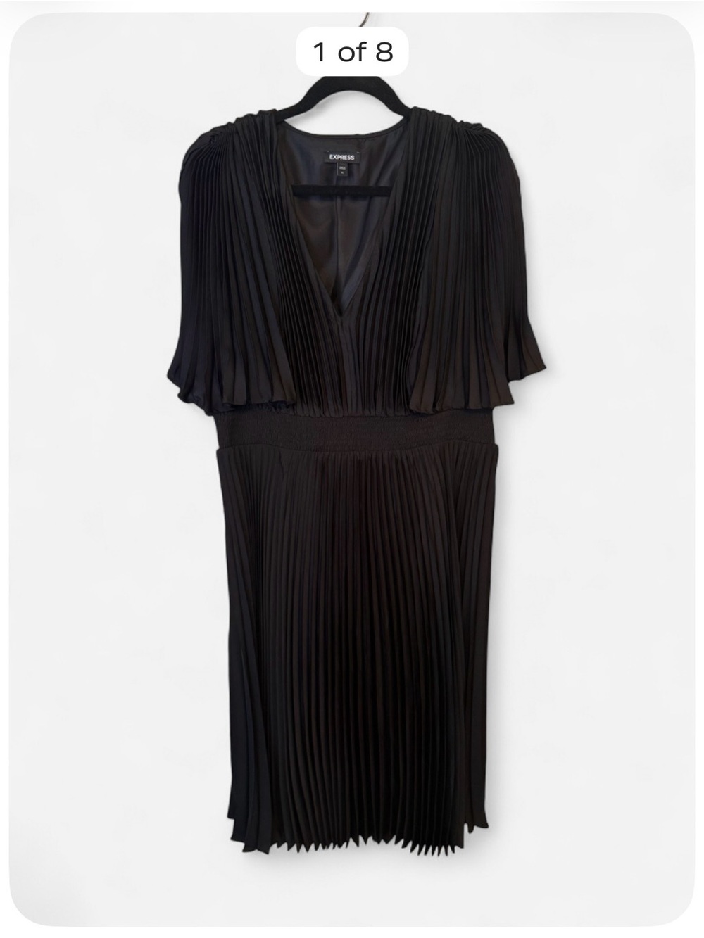 Express Black Pleated Midi Dress XL Satin V Neck Flutter Sleeve Party Cocktail
